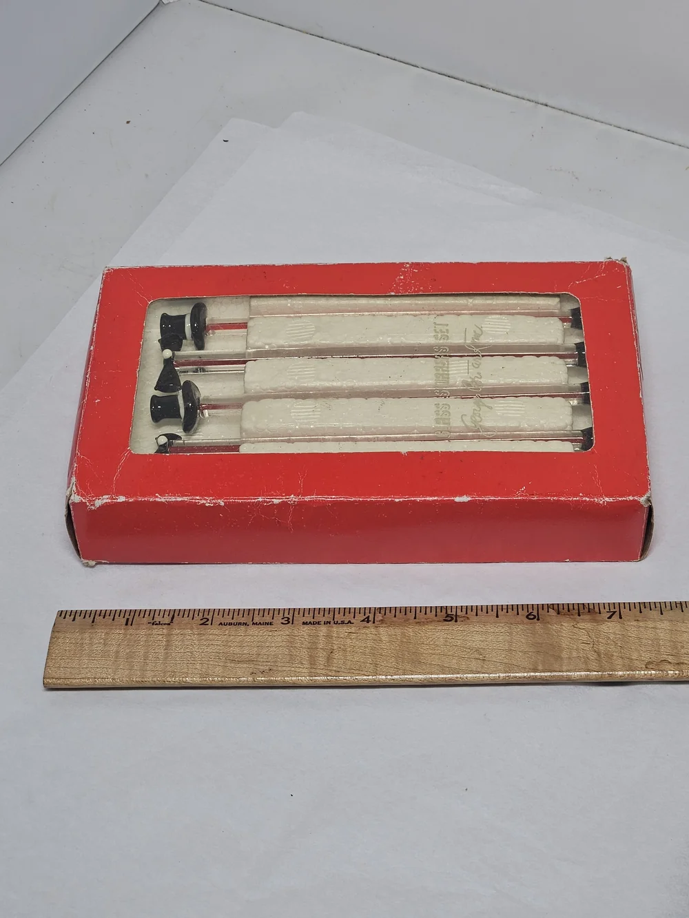 Vintage Georges Briard Glass Stirrer Swizzle Sticks In Box Top Hat Bow Tie